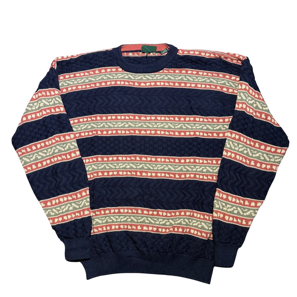 Vintage IZOD Mens XL Cotton Navy Blue Fair Isle Textured Cable Knit Sweater